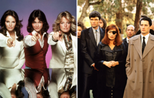 Jill Munroe, Sabrina Duncan and Kelly Garrett pointing + The cast of Twin Peaks standing together outside